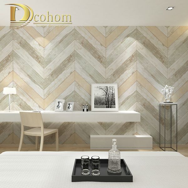 Mediterranean Style Wooden Wallpaper Roll Beige Blue Striped Wall Paper Vintage Non Woven Paper Wall Decoration For Bedroom Digital Wallpaper Discount