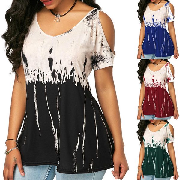 

women casual t-shirts girls tie-dye printing fashion tees women brand strapless loose short sleeve t shirts 2020 new sell, White