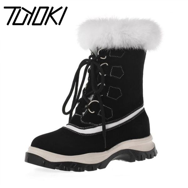 

tuyoki new real leather women snow boots winter keep warm fur ankle boots lace up flats outdoor women footwear size 34-41, Black