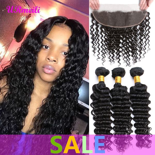 

indian deep wave virgin hair weave bundles with frontal closure lace frontal with bundles raw virgin indian human hair extension bundles, Black;brown