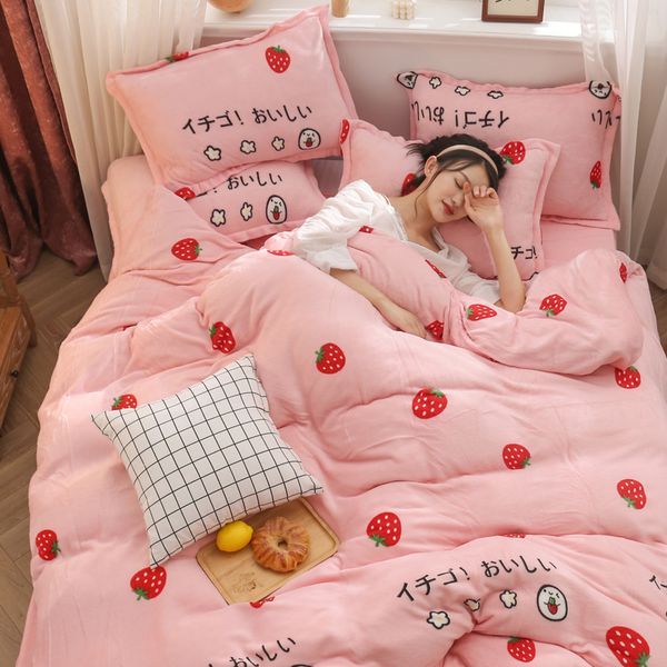 

autumn and winter warm law levin velvet coral velvet family of four small fresh thick short plush-style bed sheet quilt cover