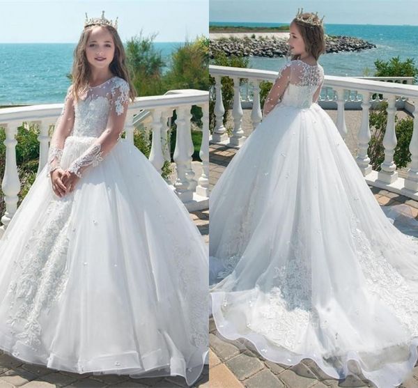 Mangas compridas pouca bola menina vestido formal varredura Partido Vestidos CRWE Neck Train Flower Girl Vestidos Crianças Wedding Vestidos Pageant Vestido AL2898