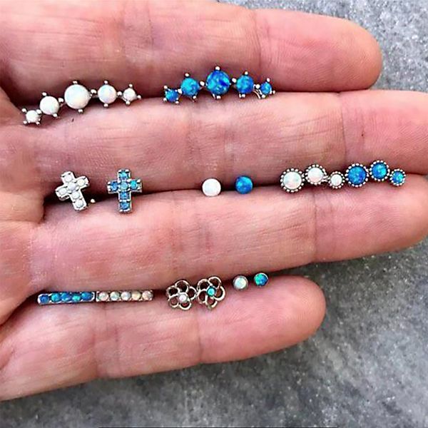 

simple lady earrings set openwork flower cross blue white beads crystal geometry stud earring women wedding party jewelry, Golden;silver
