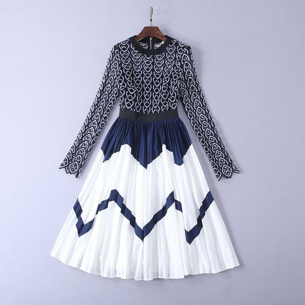 

european and american women's spring 2019 new style long sleeve hollow out together striped pleated fashion dress, Black;gray