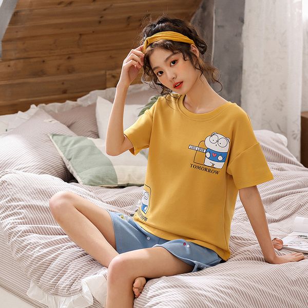 

new women pajamas set summer pijamas cotton pyjamas short +short pants sleepwear cartoon cute sweet girls homewear clothes, Black;red