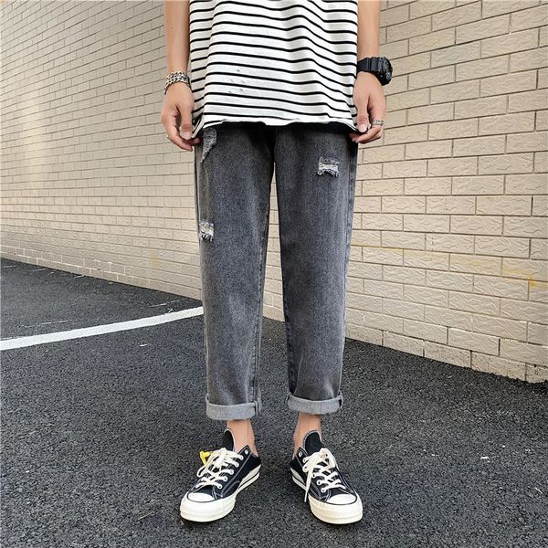 

straight jeans men's fashion washed casual retro ripped jeans pants men streetwear loose hip hop hole denim trousers mens s-3xl, Blue