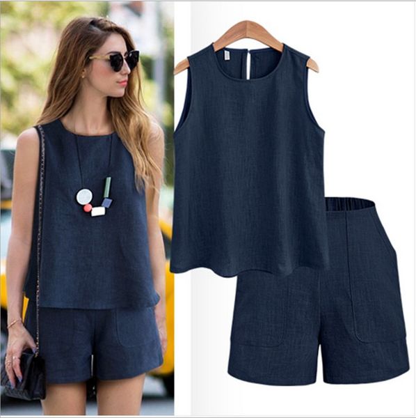 

two pieces set for women outfits fashion casual cotton linen short sleeve + shorts sets office suit, Gray