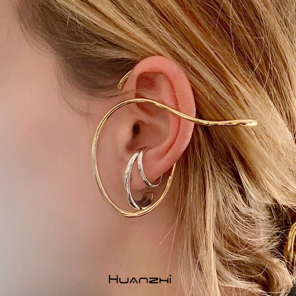 

huanzhi 2020 punk geometric lines metal ear cuff earrings without piercing abstract minimalist earrings for women girls jewelry, Silver