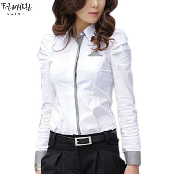 

women office blouse polyester lady formal button down shirt full puff sleeve shirt little pockets shirts for women, White