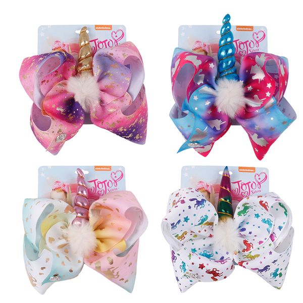 8 pollici JOJO Bow Girl Archi per capelli Unicorn Star Arcobaleno Piuma Design Bambini Bambini Fermagli per capelli JOJO SIWA Accessorio per capelli moda per bambino