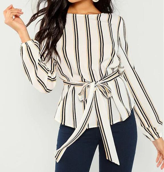 

white office lady o-neck elegant striped print scoop neck long sleeve blouse new autumn workwear women and blouses