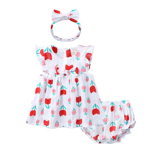 

girls clothing sets 3 design cute bow dress strawberry printed shorts headband three-piece sets costume girls outsuit 3m-4t, White