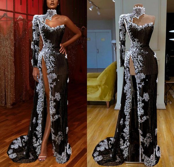 

high side split evening dresses high collar lace beaded appliques luxury mermaid prom dress sweep train formal robes de soirée, Black;red
