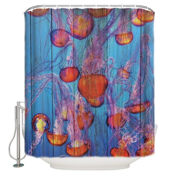 

a wood-textured background jellyfish swims polyester fabric shower curtain