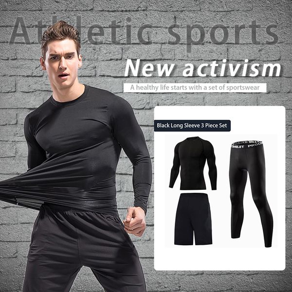 

3pcs /set men's compression sportswear suits gym tights workout training clothes jogging sports set running tracksuit dry fit, Black;blue