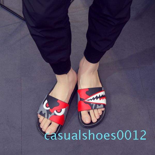 

factory outlet mens fashion 2019 causal rubber women designer slippers shark camou slide sandals male summer beach flat flip fops c12, Black