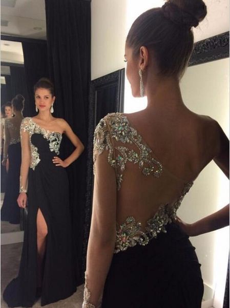 

black elegant prom dresses one shoulder backless lace applique beads cocktail party gown side split floor length simple evening dresses