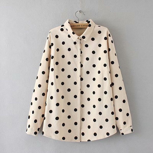 

plus size turn -down collar long sleeve blouse women beige &camel color polka dot corduroy shirt spring ladies, White