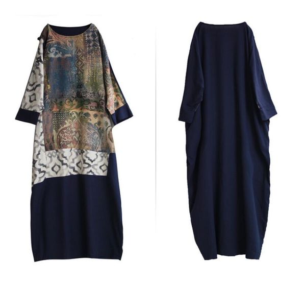 

2020 new arrival spring ethnic cotton linen large size dress multi color three quarter sleeve long robe special pattern dress, Red