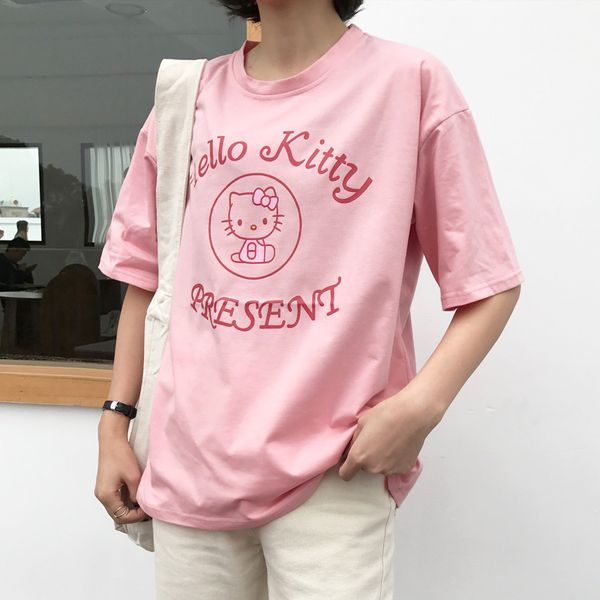 

short sleeve women pink t-shirt & tees 2019 new spring sweet girl pink kawaii harajuku plus size cartoon cat clothes shirt, White
