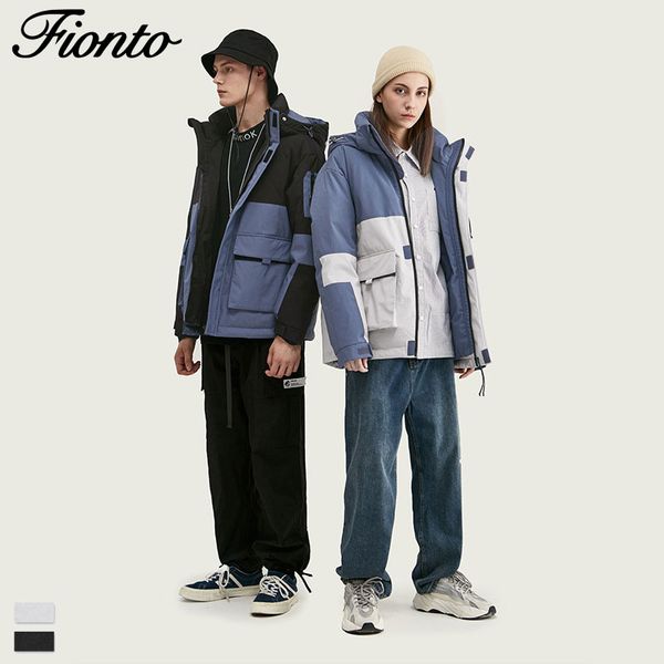 

fionto men's fall/winter 2019 new contrast mosaic stereo pocket men's hat down jacket, Black