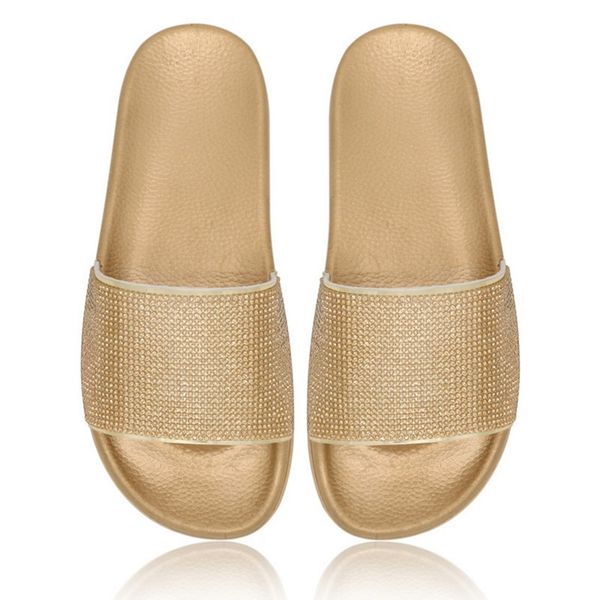 

summer women basic diamonds slippers crystal shiny slip-on cut out ladies flat outdoor holiday sandals open toe beach slippers, Black