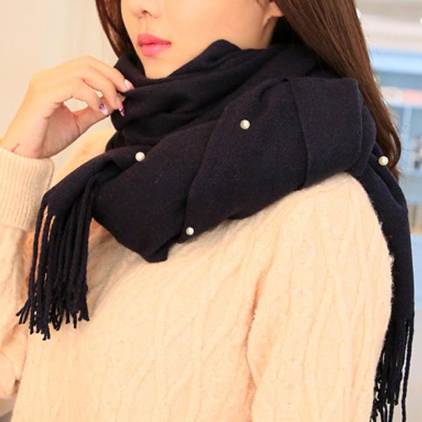 

new pearl nail bead soft scarves women winter scarf tassel woolen big tippet blanket solid thick warm knitted scarves