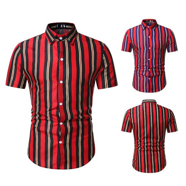 

men's casual shirts men striped printed red shirt plus size short sleeve breathable turn down collar loose male chemise, White;black