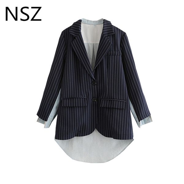 

nsz женщины полосатый вскользь blazer pachwork denim пальто куртки с длинным рукавом верхняя одежда, White;black