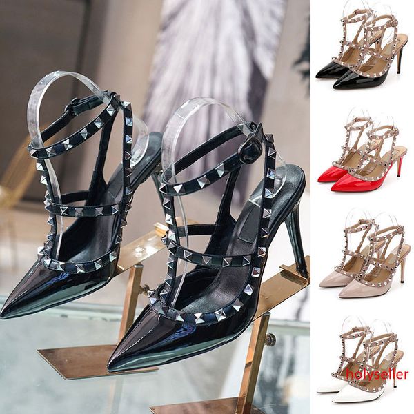 

new designer pointed with studs high heels 8cm 10cm patent leather rivets sandals women studded strappy dress party office wedding shoes