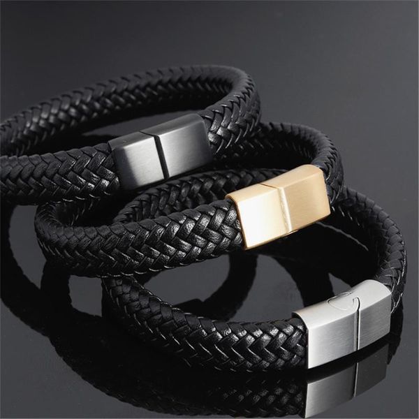 

punk men jewelry black/brown braided leather bracelet stainless steel magnetic clasp fashion bangles 19/21/23cm