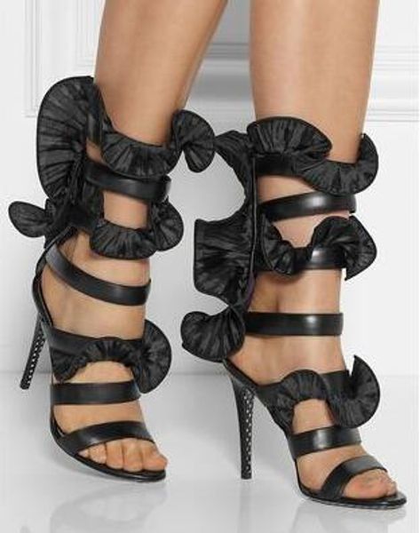 

strange style women narrow band ruffles decoration sandals summer fashion back zipper hollow out high thin heel party shoes, Black