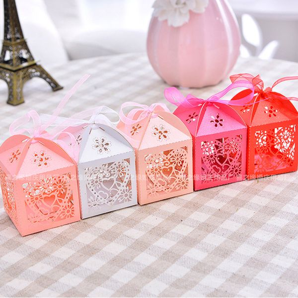 

50pcs love heart laser cut candy box gift boxes ribbon wedding party favor