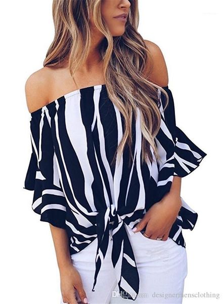 

печатные женские шифоновые женские топы с бантом летние слэш шеи колокол рукав женские футболки мода полосатый, White