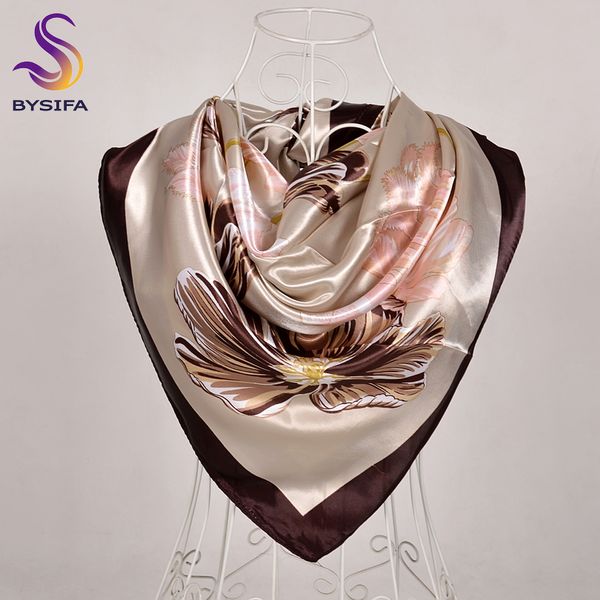 

bysifa] coffee women silk scarf shawl winter elegant brand floral large square scarves wraps fashion muslim head scarf blue,red t200609, Blue;gray