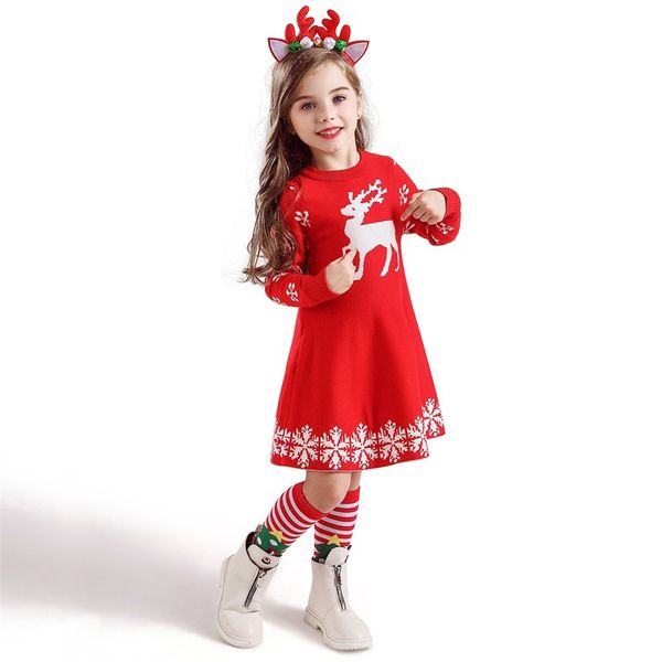 

delicate christmas clothes for children fashion deer long sleeve dresses sweater for beautiful girl, White
