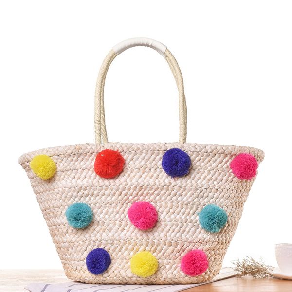 

new simple retro fashion straw bag college wind colorful yarn ball knit bag holiday leisure women's beach