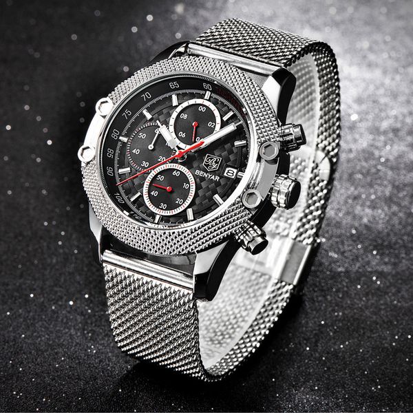 

clock relogio masculino bussiness sport chronograph watches men mesh band waterproof luxury quartz watch male wristwatch 60*, Slivery;brown