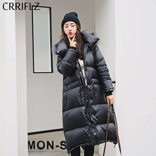 

crriflz womens winter jackets long real fur warm down parka 90% white duck down jacktes big fur collar gloosy hooded coats, Black
