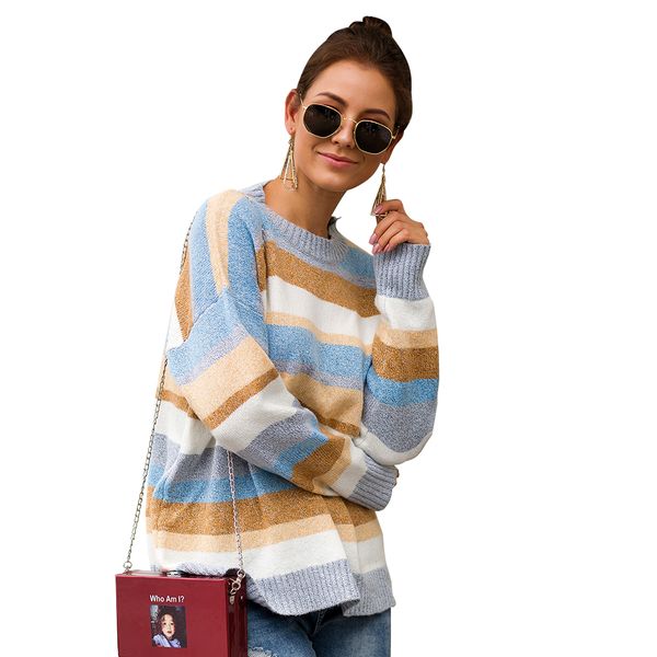 

striped printed 2019 long sleeve autumn winter women sweater loose slim o neck warm thick contrast color fashion jumper pullover, White;black