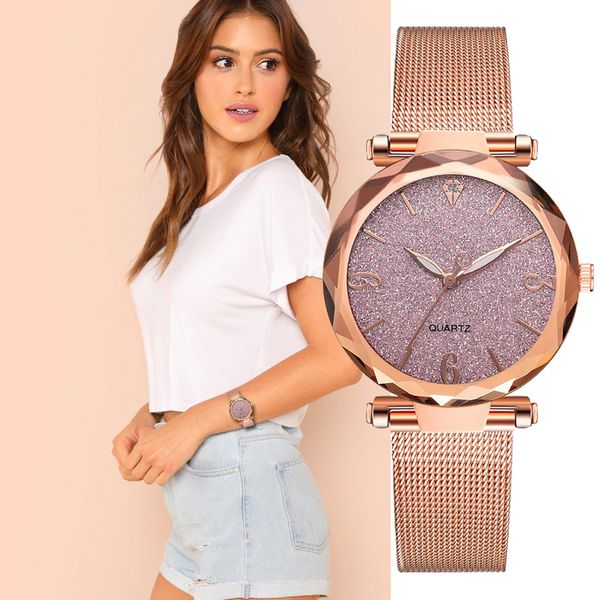 

women watches mesh strap starry sky fashion personality loose dial noble wild female clock bayan kol saati, Slivery;brown