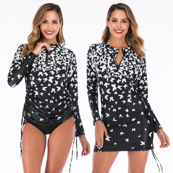 

long sleeve rash guard women floral print swimwear zipper one piece swimsuit high neck surf suit bodysuit beachwear, White;black