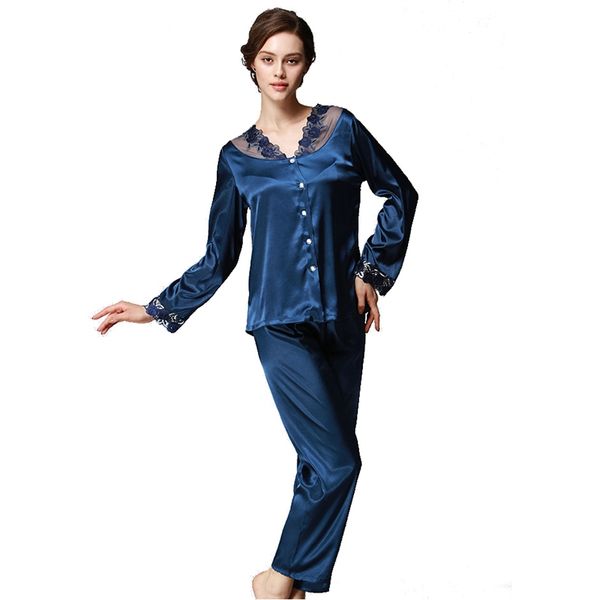 

2019 new women pajamas set silk pajamas girls sleepwear homewear female long sleeve spring autumn home clothing, Blue;gray