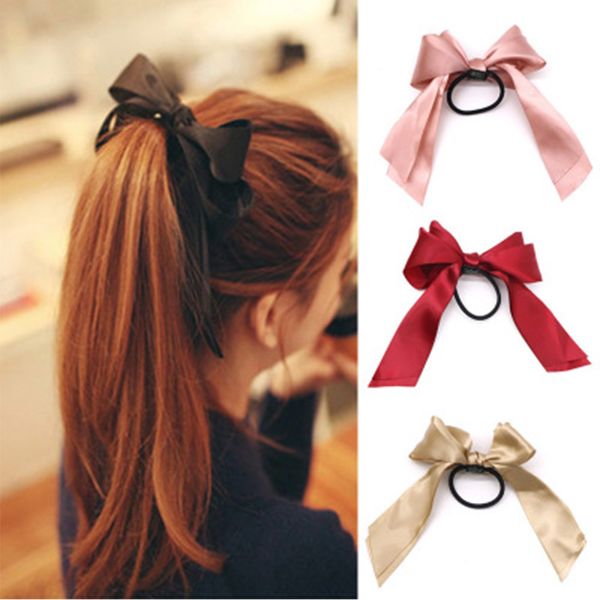 6 cores / set elásticos Tiara Satin Ribbon Bow Elastic Hairclips Corda Scrunchies rabo de cavalo titular Gum for Girls Cabelo Acessórios Atacado