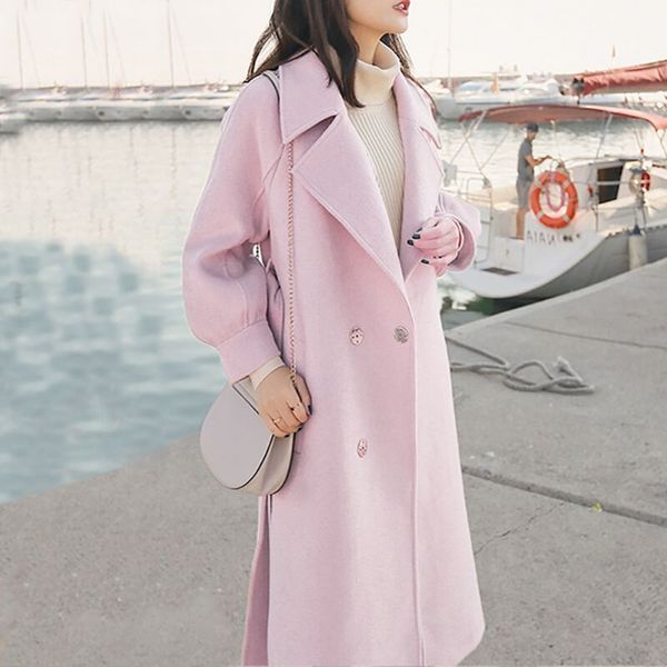 

women's coat elegant long lapel 2 pockets belted jackets solid color coats female outerwear warm wool blends korean style coats, Black