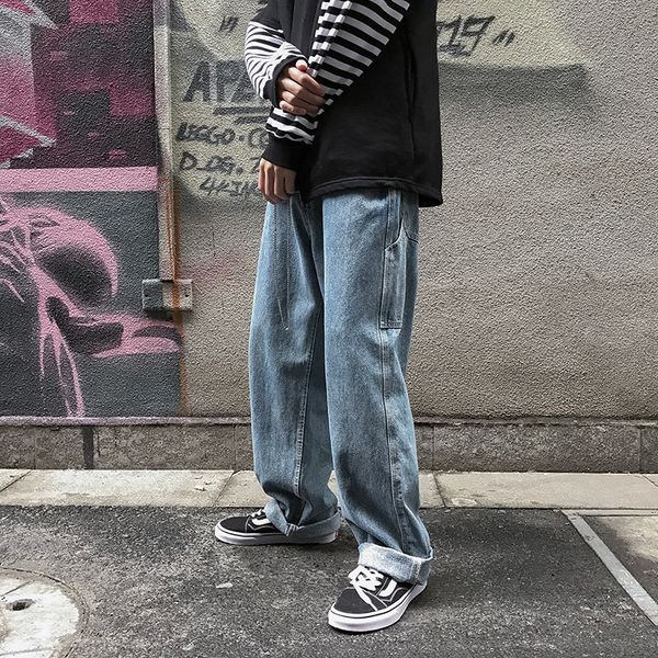 

new 2019 men retro baggy vintage washed denim pants male hiphop jeans, Blue