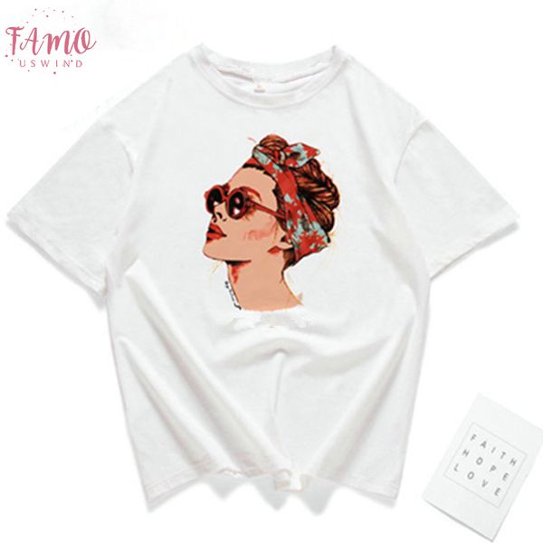

2019 fashion v neck cool girl print vrouwelijke t shirt wit katoen vrouwen t shirts casual harajuku t shirt losse tees, White