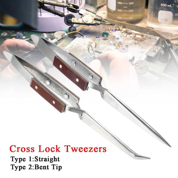 

cross locking tweezers selflock stainless steel fiber grip jewelry making tool anti-skidding heat-resistance for jewelry making