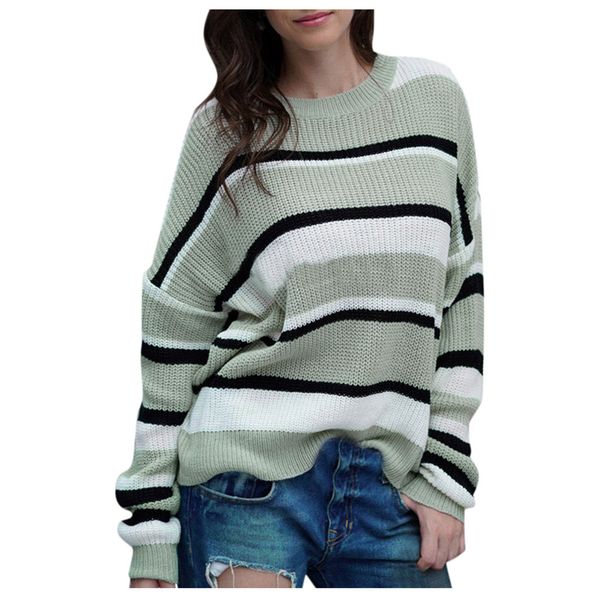 

o-neck striped loose ladies sweater pullover 2019 autumn winter new arrival green jumpers knit sweaters women pull femme, White;black
