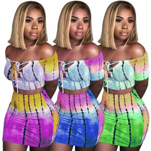 

2019 women 2 piece bodycon clothes sets off shoulder t-shirt lace up neck crop + skirts striped club wear, Gray